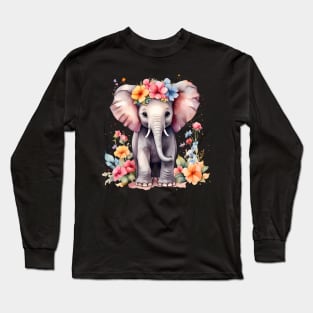 A baby elephant decorated with beautiful watercolor flowers Long Sleeve T-Shirt